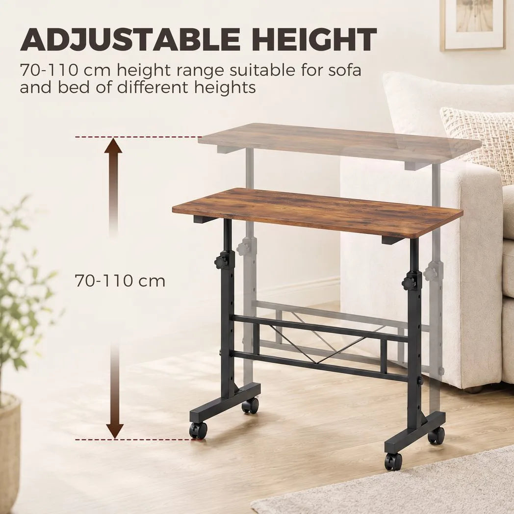 HOMCOM Overbed Table with 6 Adjustable Heights & Lockable Wheels – 80 x 40 cm Sofa Side Table, Rustic Brown