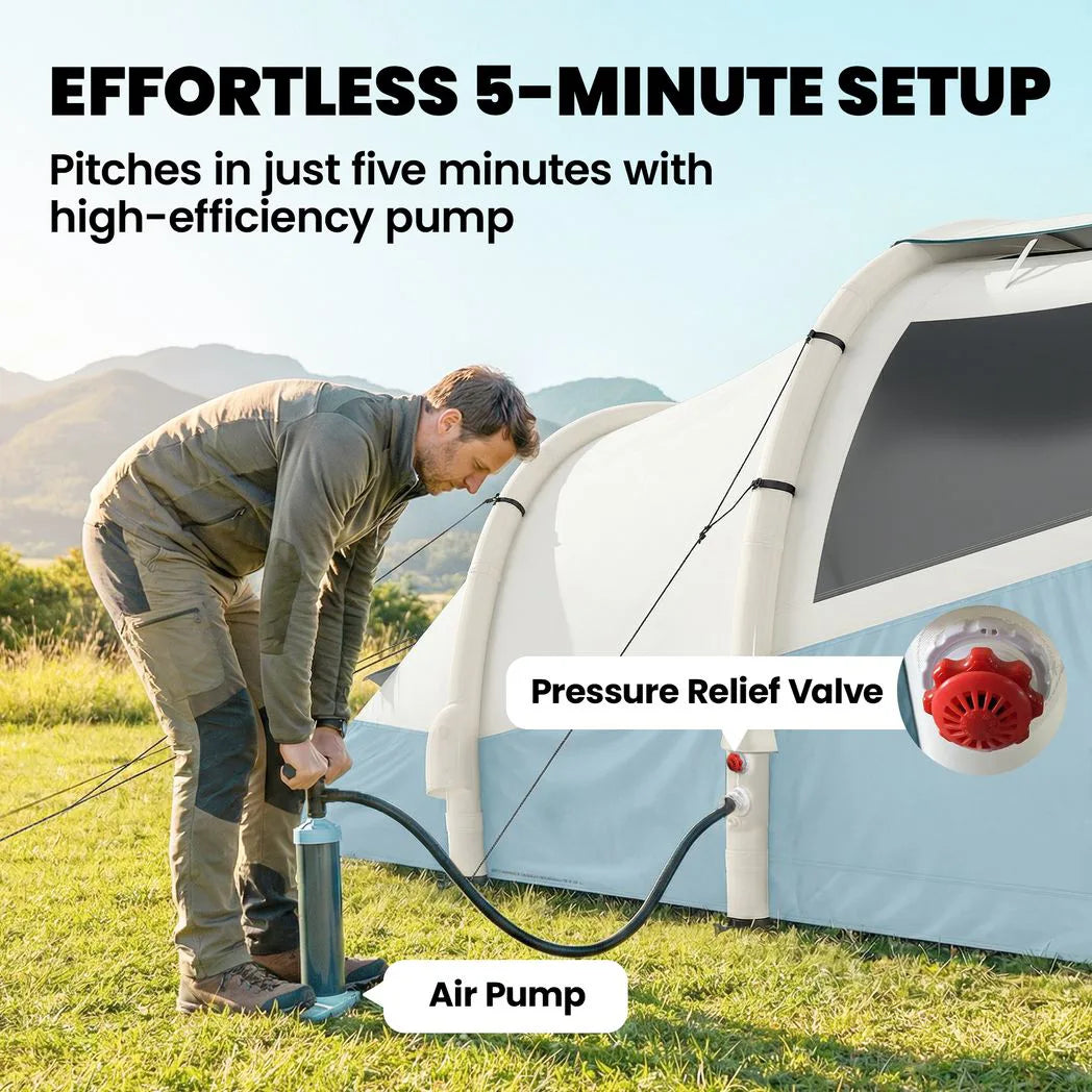 Outsunny Inflatable Camping Tent with Air Pump & 2 Rooms – Easy Setup 2–3 Person Blow Up Tent, Light Blue