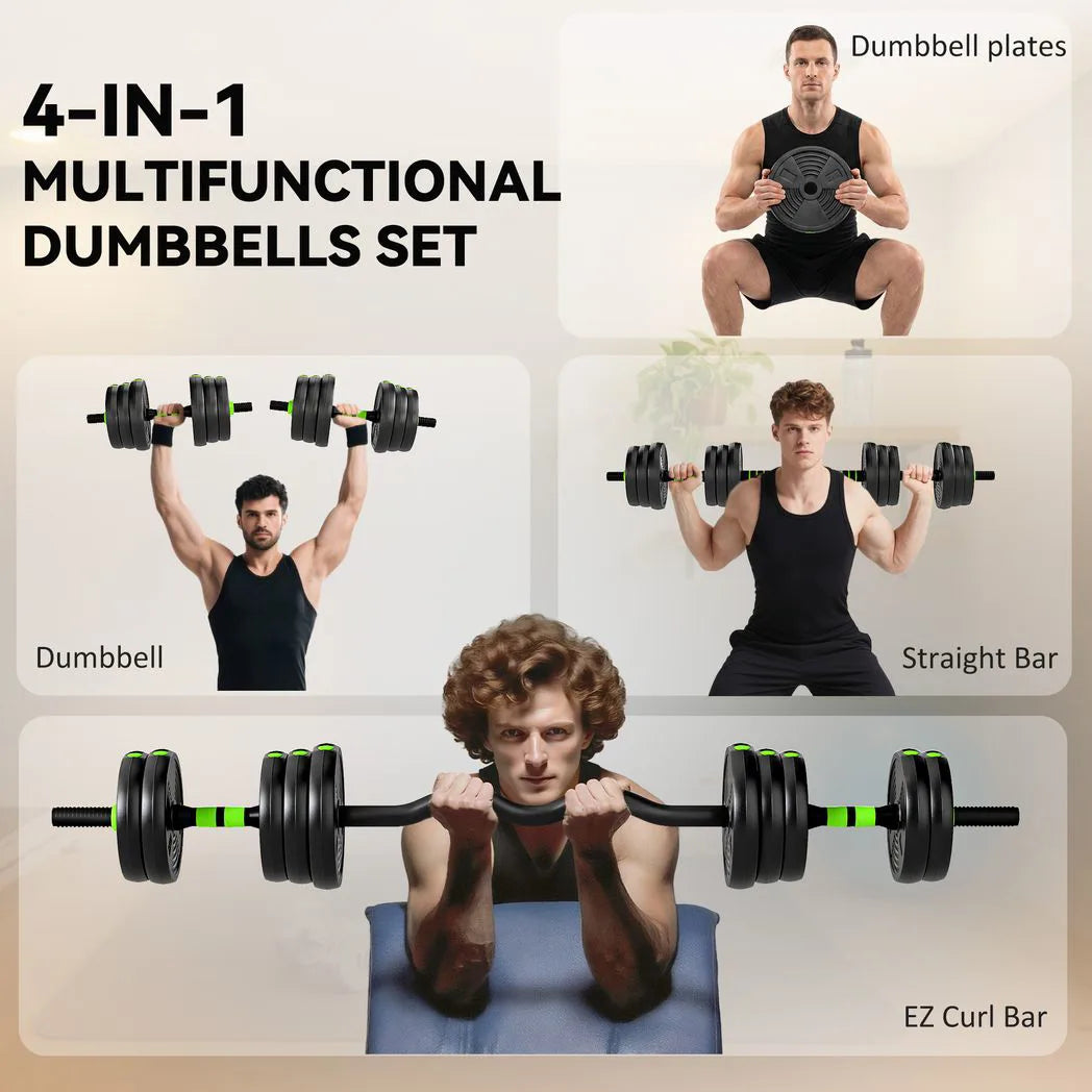 SPORTNOW 20 kg 3-in-1 Adjustable Dumbbell & Barbell Set with EZ Curl Bar – Home Gym Weights, Green