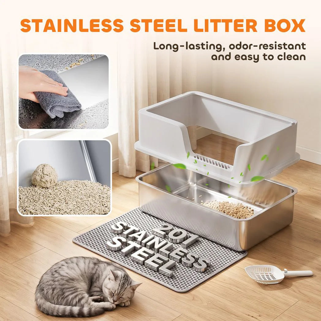 PawHut XL Stainless Steel Cat Litter Tray with Lid, Scoop and Mat – High-Sided Litter Box, Light Grey