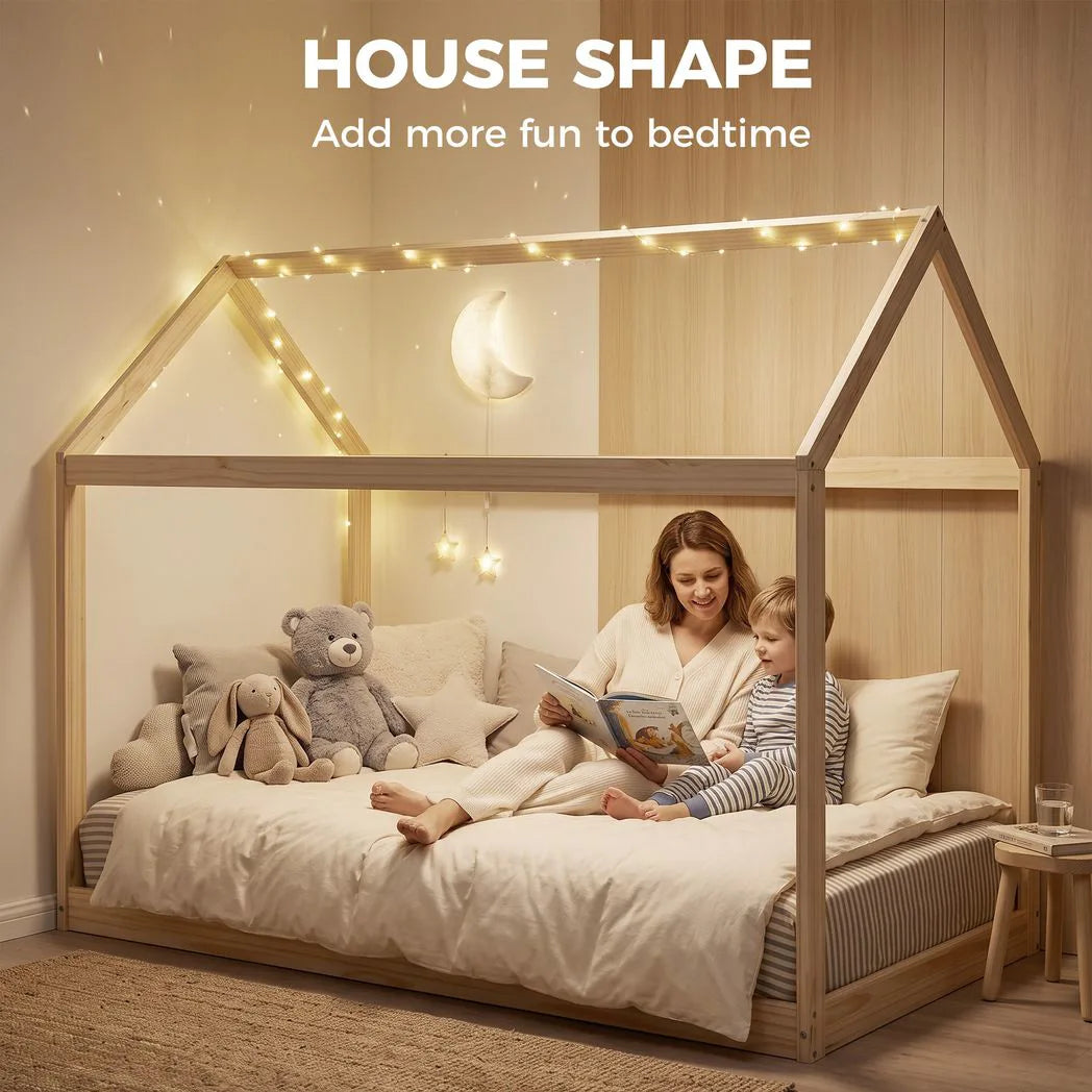 HOMCOM Single House-Shaped Pine Bed Frame for 90 x 190 cm Mattress – Scandinavian Style, Natural