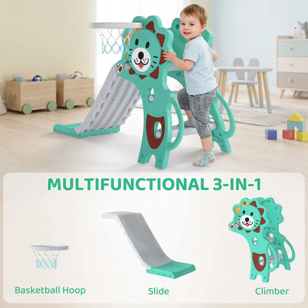 AIYAPLAY Baby Slide with Basketball Hoop, Ball & Inflator – 3 in 1 Indoor Slide for 18-36 Months, Blue