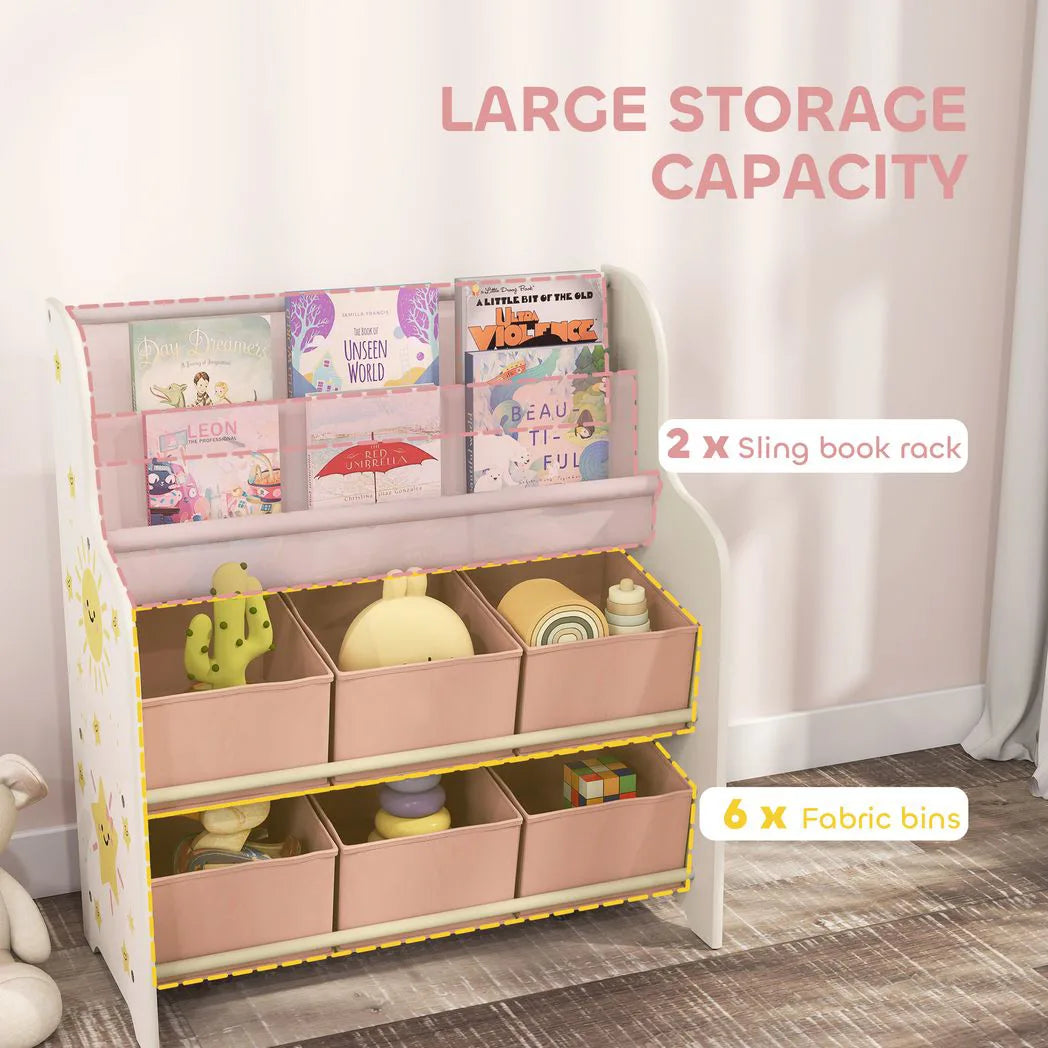 AIYAPLAY Kids Storage Unit with 6 Fabric Drawers & 2-Tier Sling Book Rack – Toy Organiser for Bedroom or Playroom, Pink