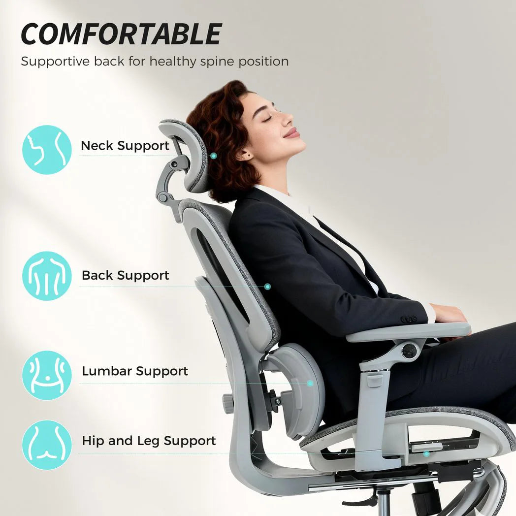 HOMCOM Ergonomic High Back Mesh Office Chair with 6D Armrests and 135° Recline – Footrest Desk Chair, Grey