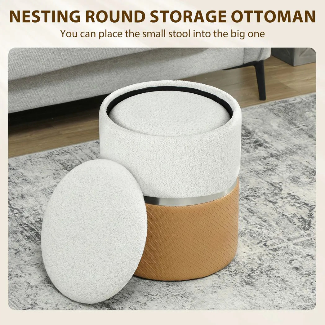 HOMCOM Set of 2 Nesting Round Storage Ottomans with Lift-Off Lids – Chenille and PU Leather, Cream and Brown