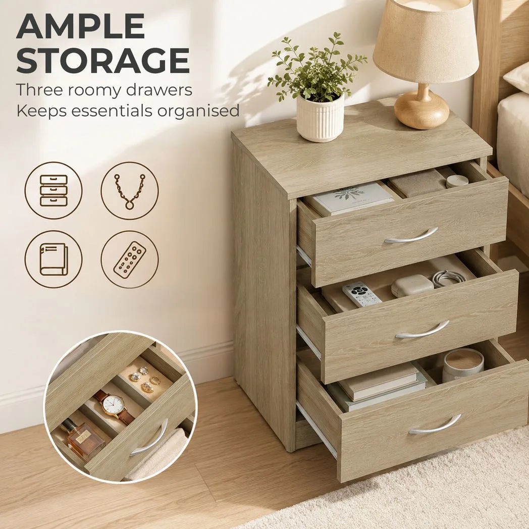 HOMCOM Three-Drawer Bedside Table with Non-Slip Feet – Simple Oak-Effect Bedroom Nightstand