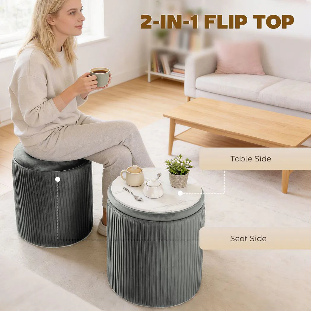 HOMCOM Round Velvet Storage Ottoman with Flip Lid Tray Top, 45 cm Footstool – Living Room, Grey