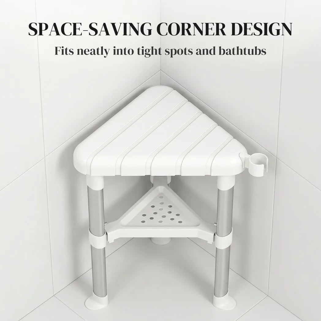 HOMCOM Corner Shower Stool with Storage Shelf, Aluminium Frame and HDPE Seat – Height Adjustable Chair, White