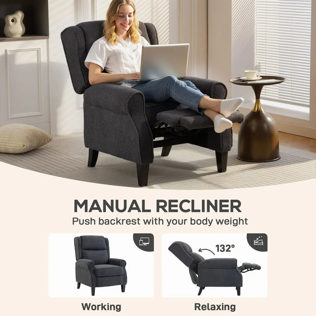 HOMCOM 132° Push-Back Recliner Armchair with Extended Footrest and Steel Frame – Living Room Chair, Dark Grey
