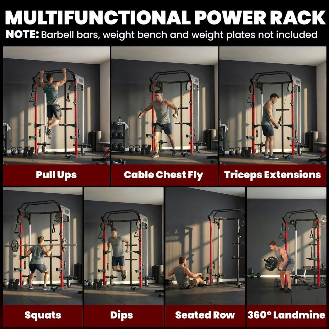 SPORTNOW Power Cage with Dual Cable Pulley System, Pull-Up Bar, Dip Station & Landmine – Home Gym Power Rack