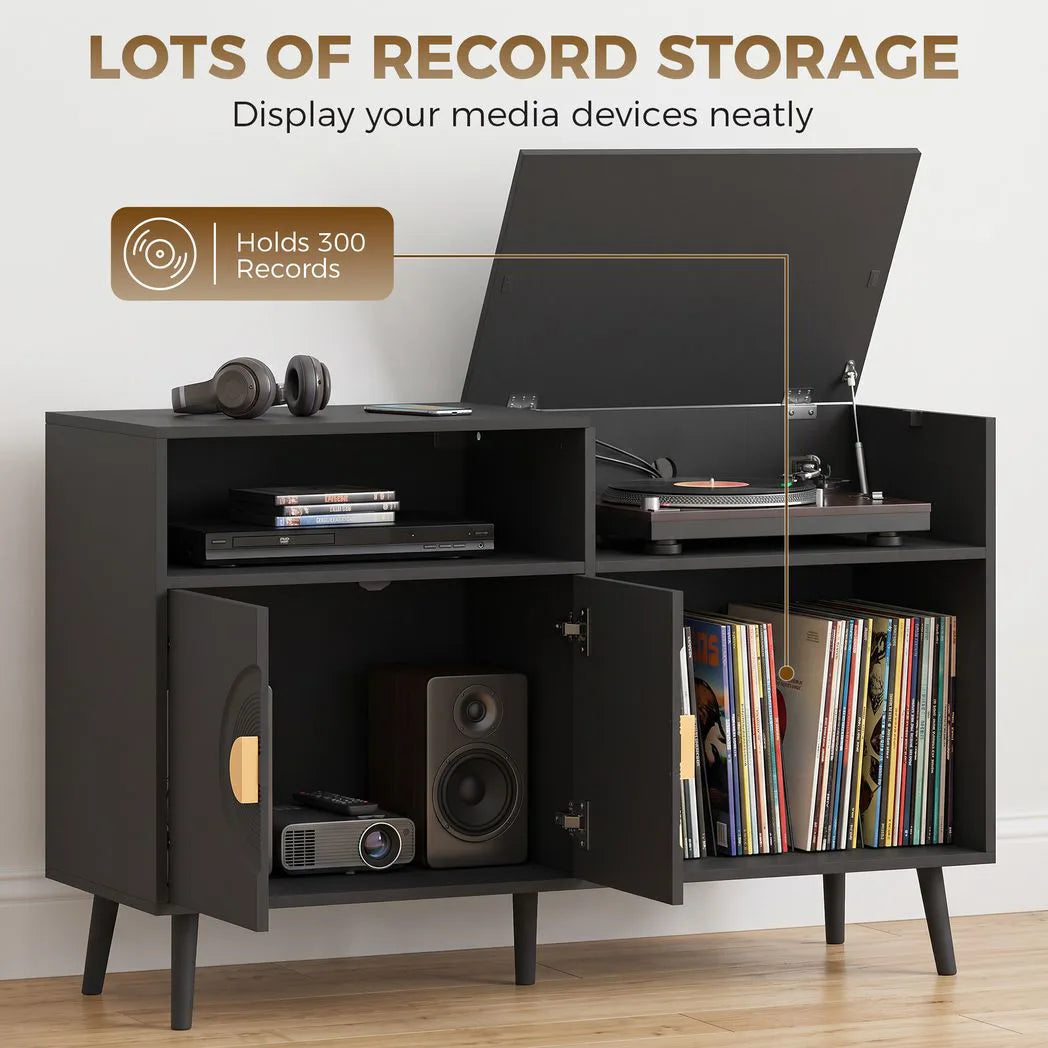 HOMCOM Record Player Stand with 300-Album Vinyl Storage & Flip-Top Compartment – Mid-Century Style, Black
