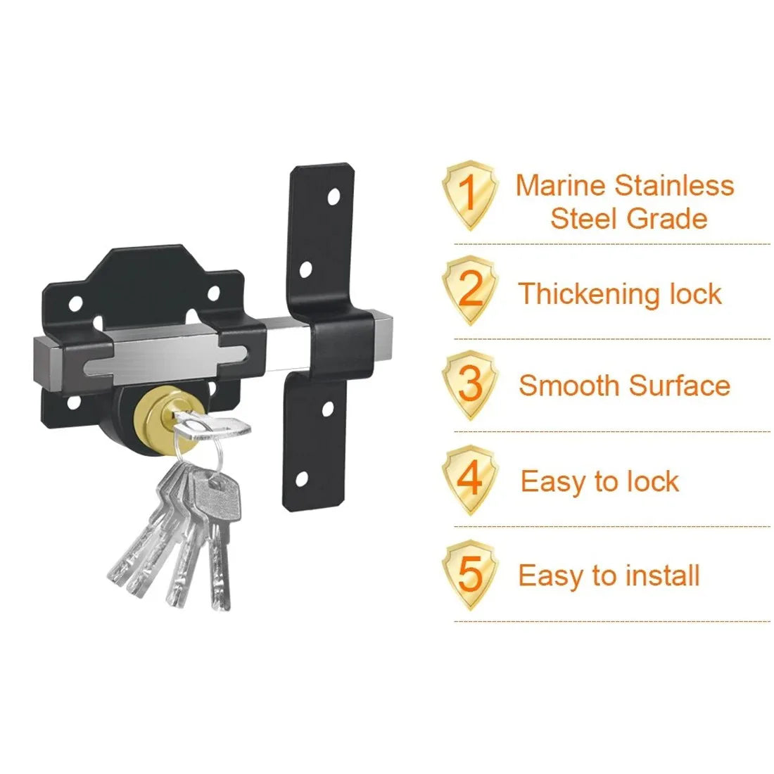 70mm Double-Sided Garden Gate Lock with Long Throw Bolt, Brass Cylinder and 5 Keys – Black