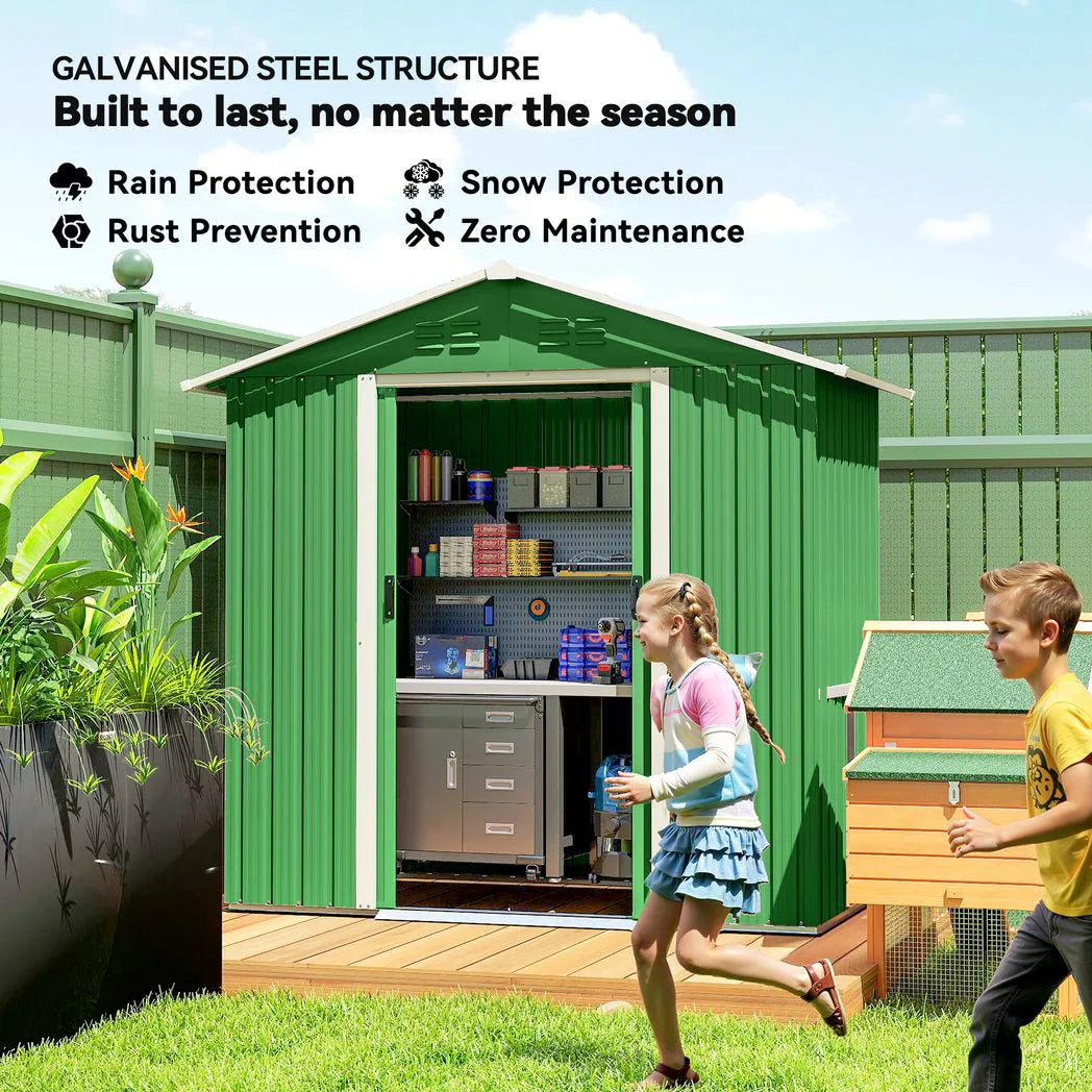 Outsunny 6.5 x 3.5ft Galvanised Metal Garden Shed with Double Doors and Vents, Green