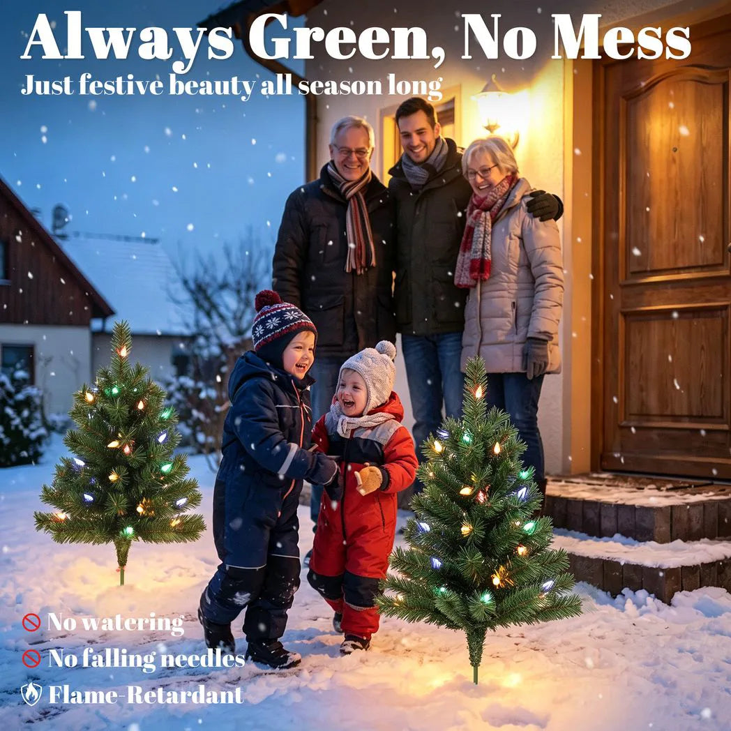 HOMCOM Set of 2 Pre-Lit 60 cm Outdoor Christmas Trees with Ground Stakes and 60 Multicolour LEDs, Green