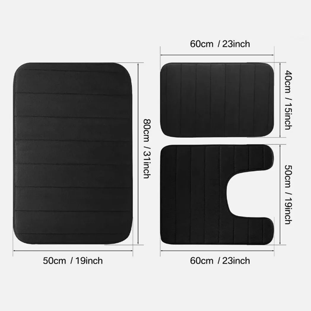 Memory Foam Bath Mat Pedestal Set, 3-Piece Non-Slip Contour Bathroom Rugs – Soft & Absorbent, Black