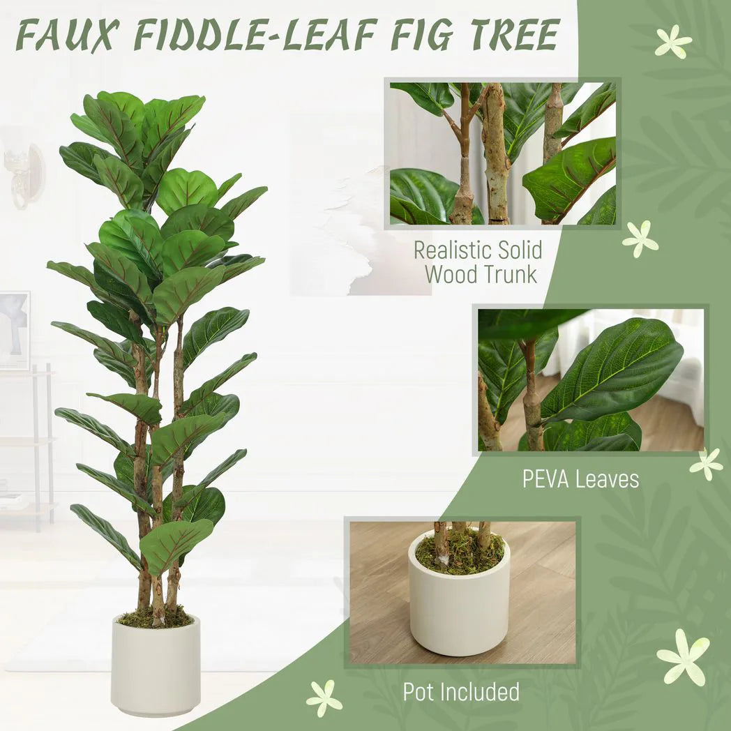 HOMCOM 120cm Artificial Fiddle Leaf Fig Tree with White Pot – Lifelike Faux Plant for Home & Office, Green