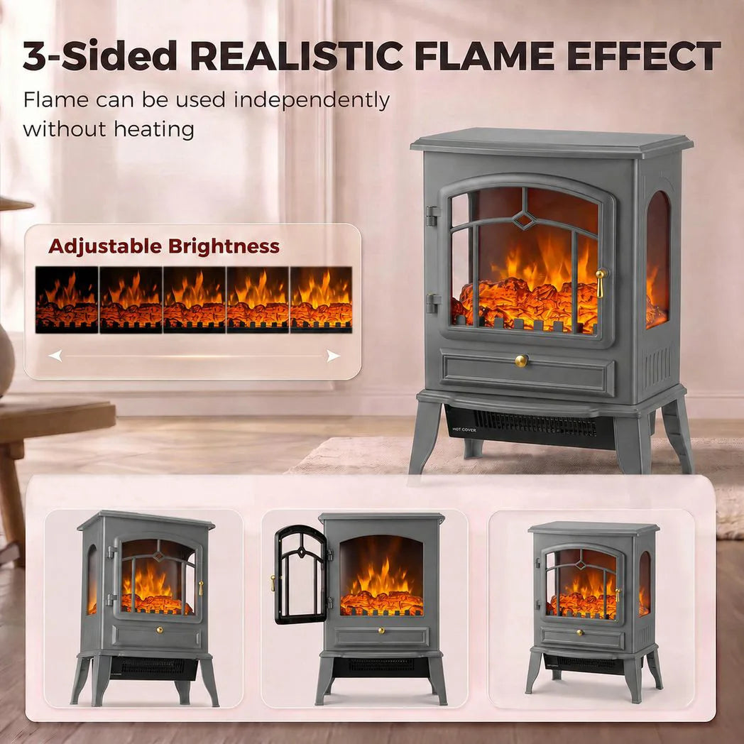 HOMCOM 1000/2000W Electric Fireplace Stove with 3D Flame Log and Thermostat – Freestanding Heater, Grey