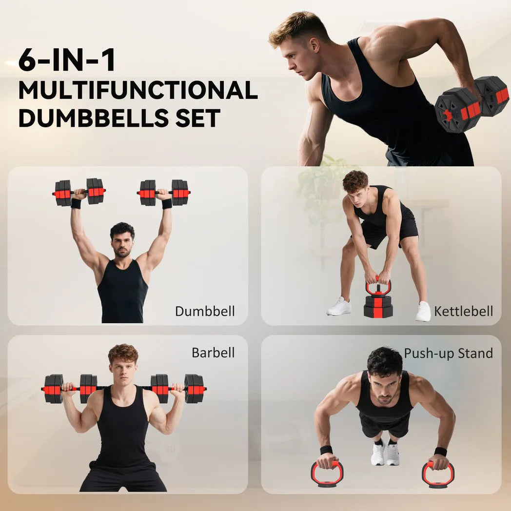 SPORTNOW 6-in-1 Adjustable Dumbbell Set, 30kg – Converts to Kettlebell, Barbell & Push-Up Stand for Home Gym, Red