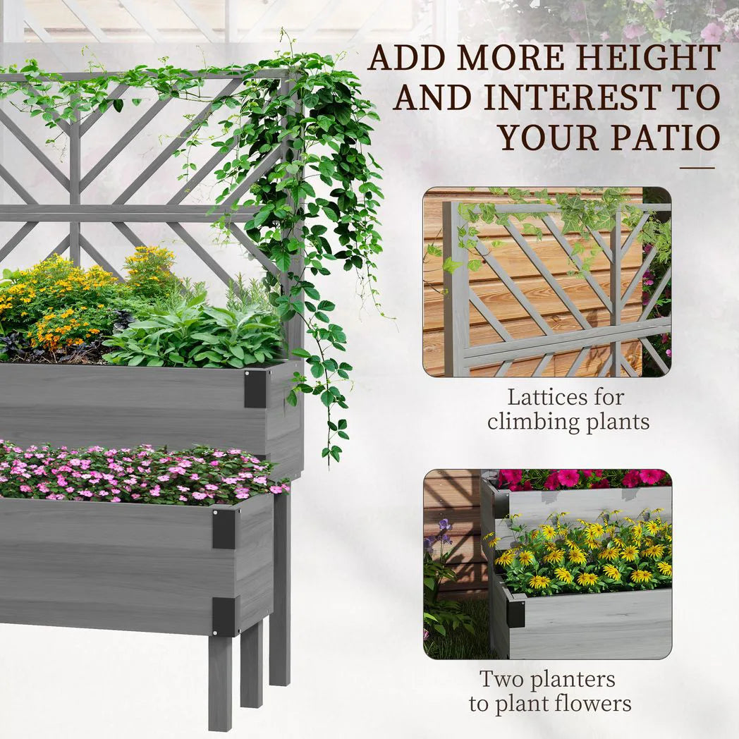 Outsunny 2-Tier Wooden Raised Garden Bed with Trellis – Elevated Planter for Vegetables and Herbs, Grey