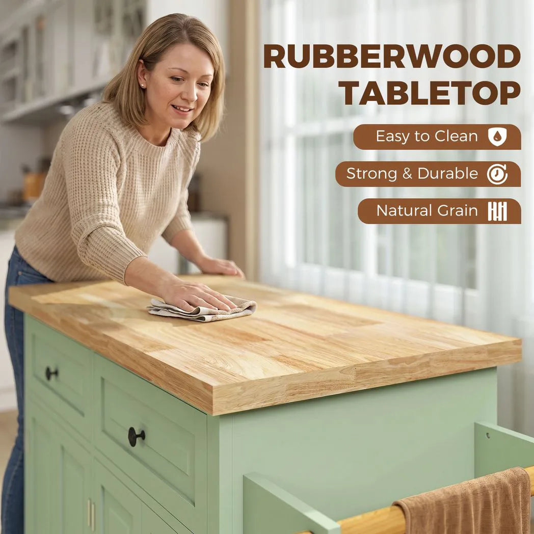HOMCOM Rolling Kitchen Island with Rubberwood Top, Drawers & Cabinets – Dining Room Storage Trolley, Light Green