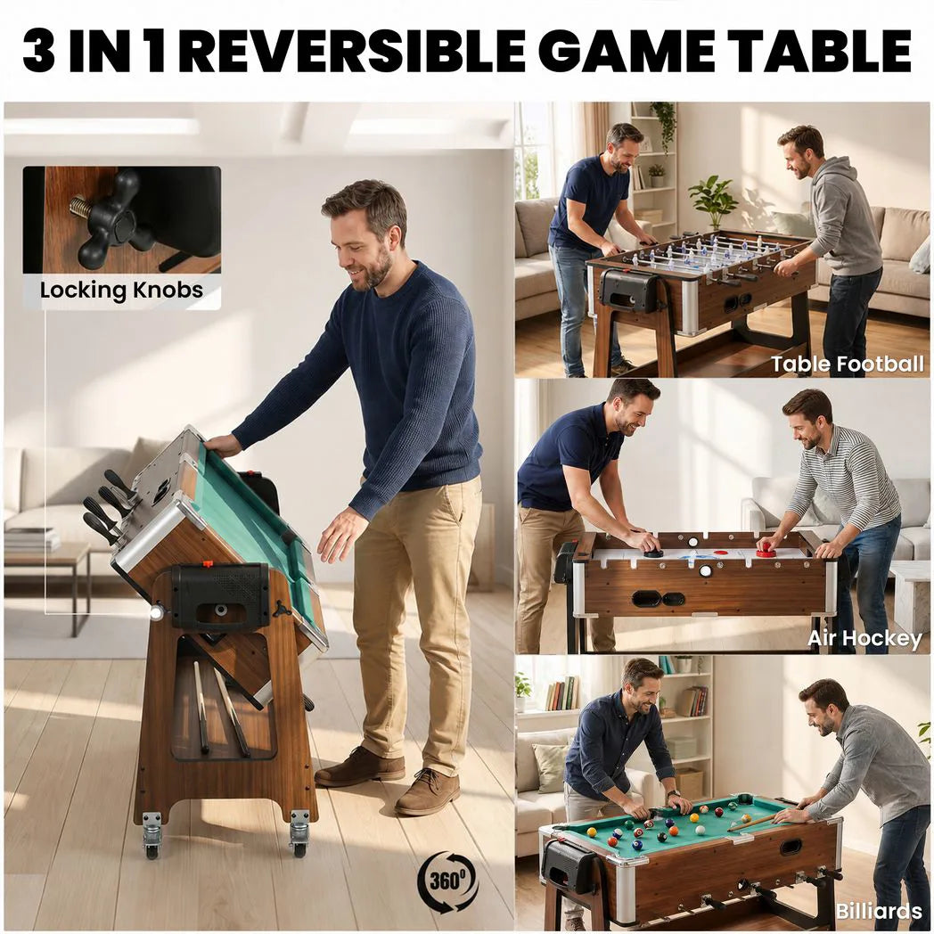 SPORTNOW 3-in-1 Multi Game Table with Lockable Wheels & Shelf – 3.4ft Air Hockey, Pool & Table Football