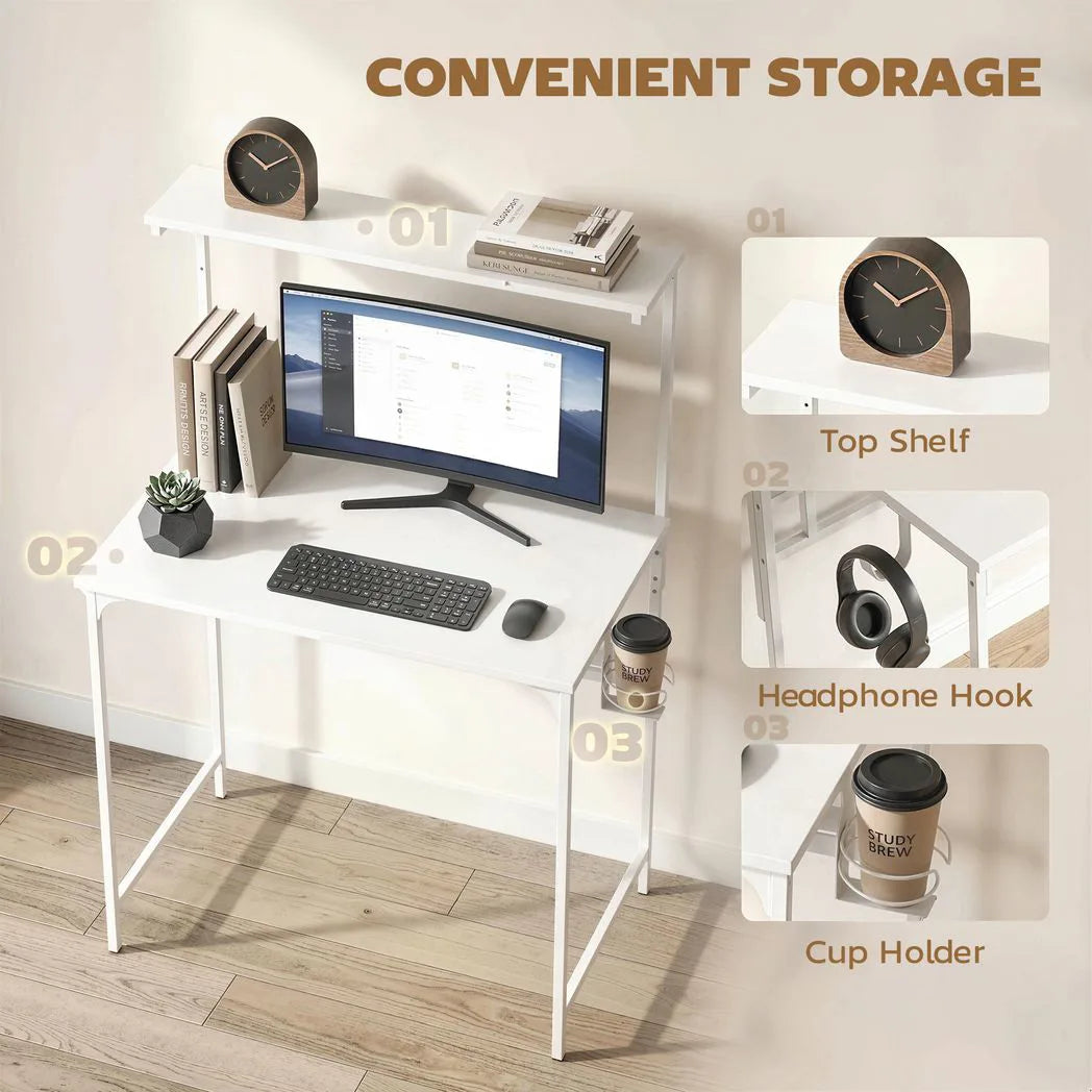 HOMCOM Computer Desk with Hutch Shelf, Cup Holder and Headphone Hook – 80cm Home Office Study Table, White