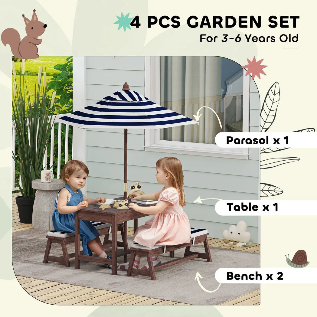 AIYAPLAY Kids Wooden Picnic Table and Bench Set with Cushions and Removable Umbrella – Outdoor Patio Garden Furniture, Navy Blue