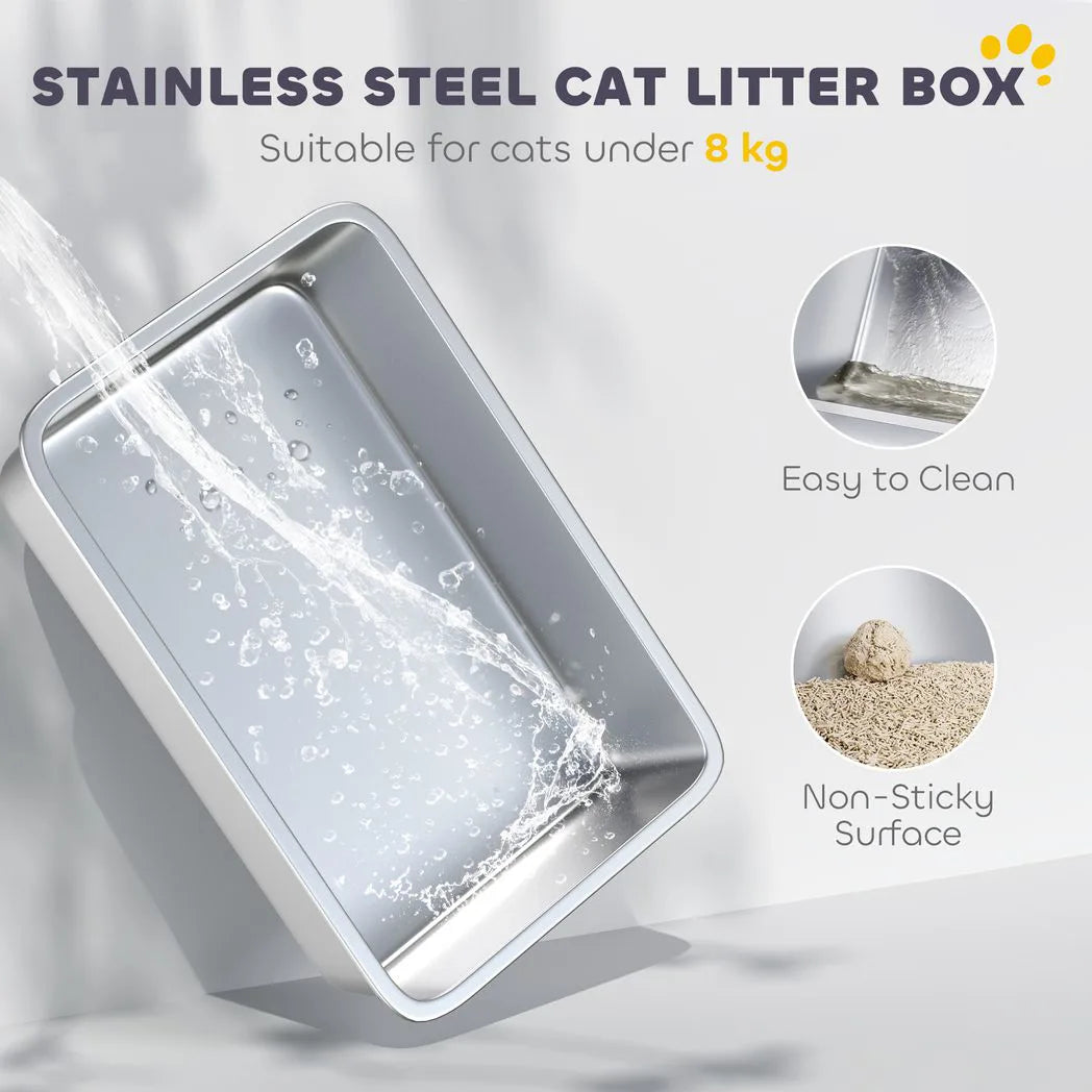 PawHut Extra Large Stainless Steel Enclosed Cat Litter Box with Scoop – Front-Entry and Top-Exit Tray