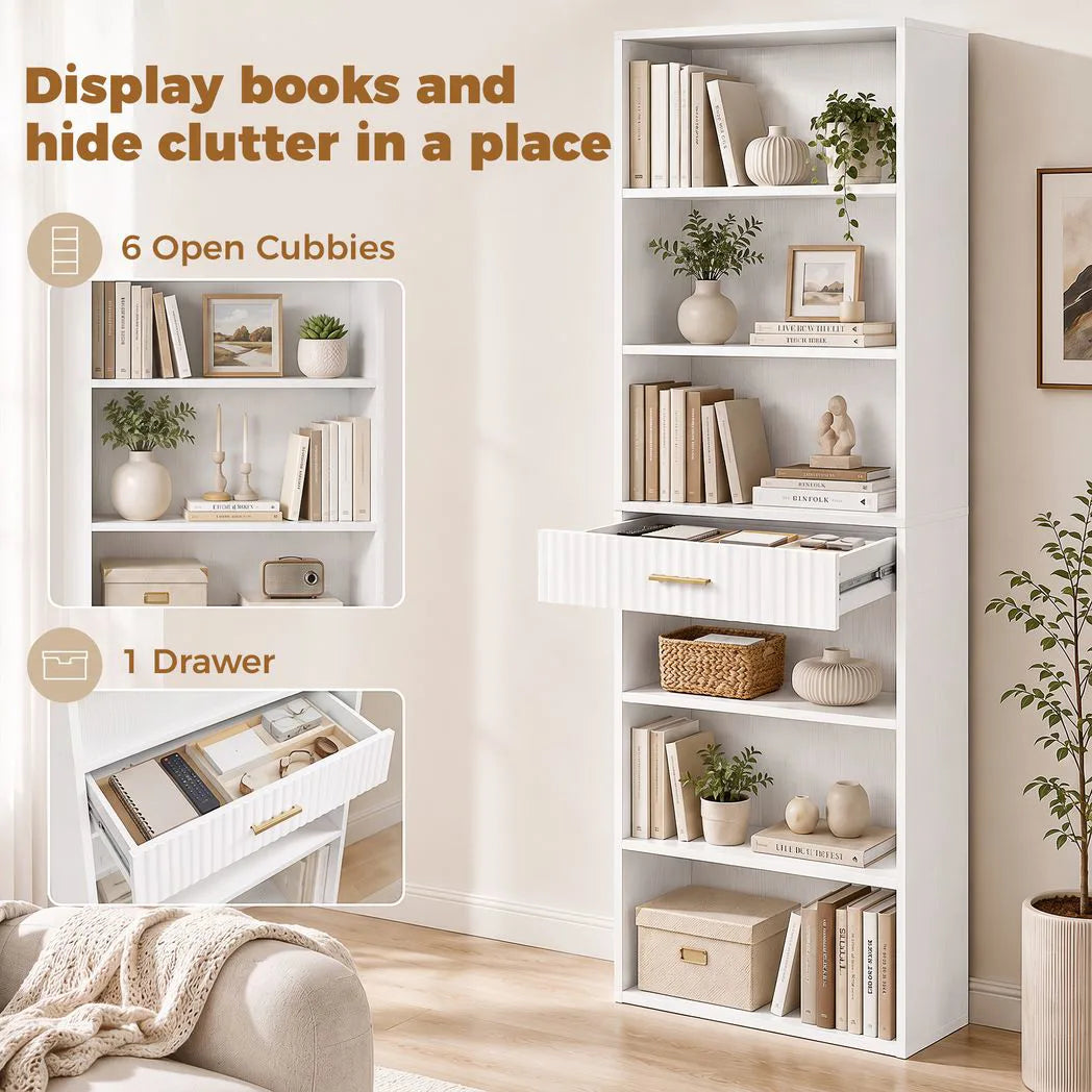 HOMCOM Narrow Tall Bookcase with Drawer and 6 Open Shelves, 182 cm Space-Saving Bookshelf, White