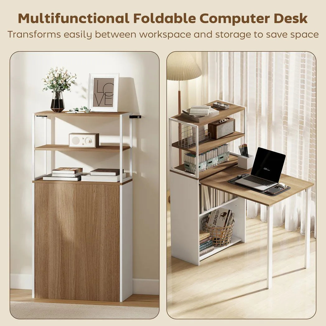 HOMCOM Folding Shelf and Work Table with 4 Tiers – 2-in-1 Bookshelf Desk for Small Spaces, Natural Wood Effect