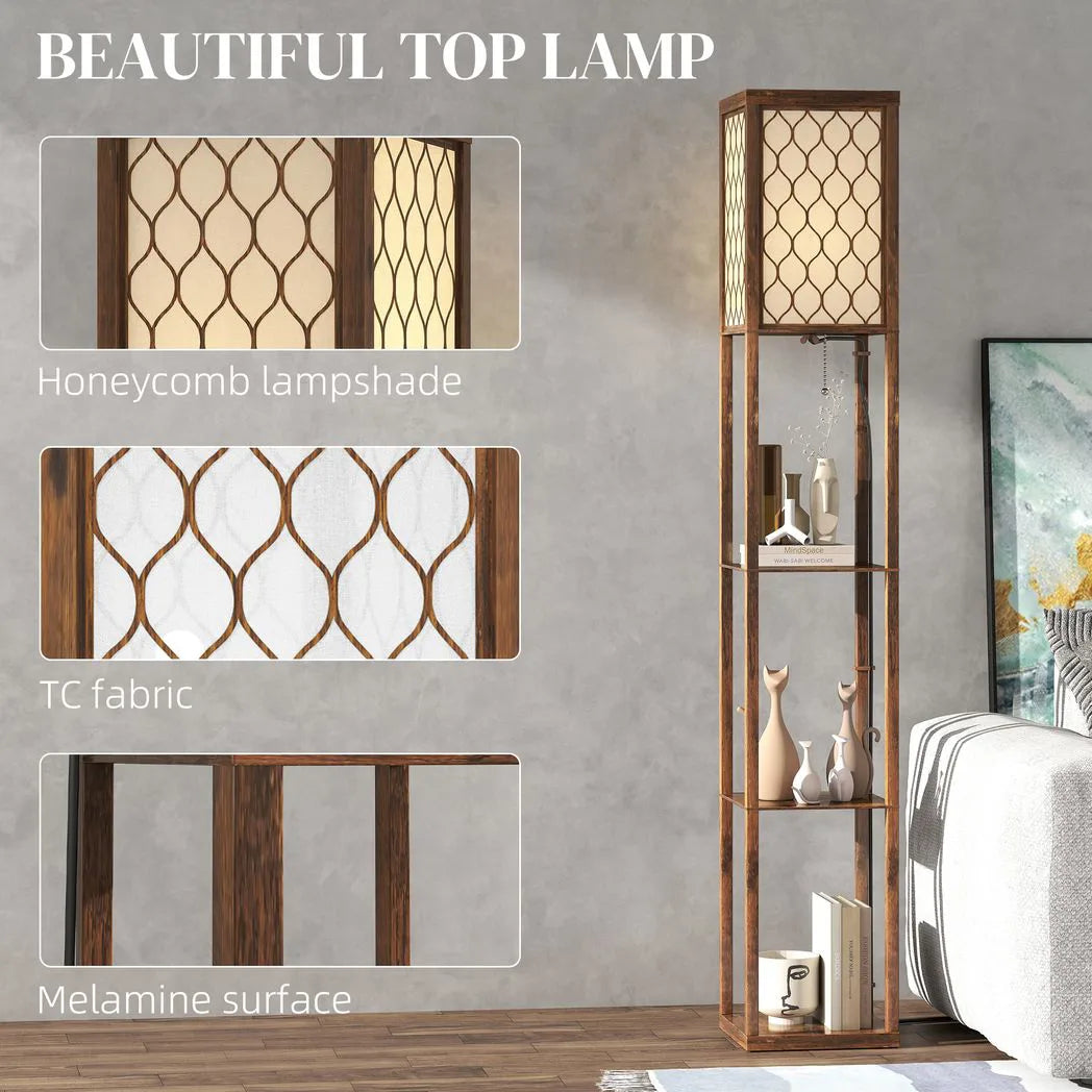 HOMCOM Three-Shelf Standing Lamp – Rustic Brown/White