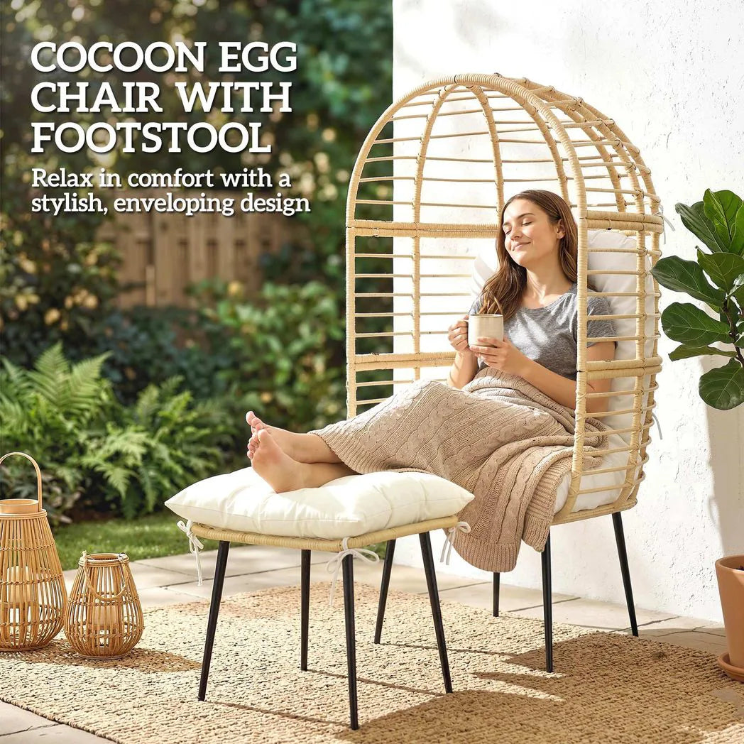 Outsunny Rattan Egg Chair with Footstool and Thick Cushions – Indoor Outdoor Garden Lounge Set, Beige