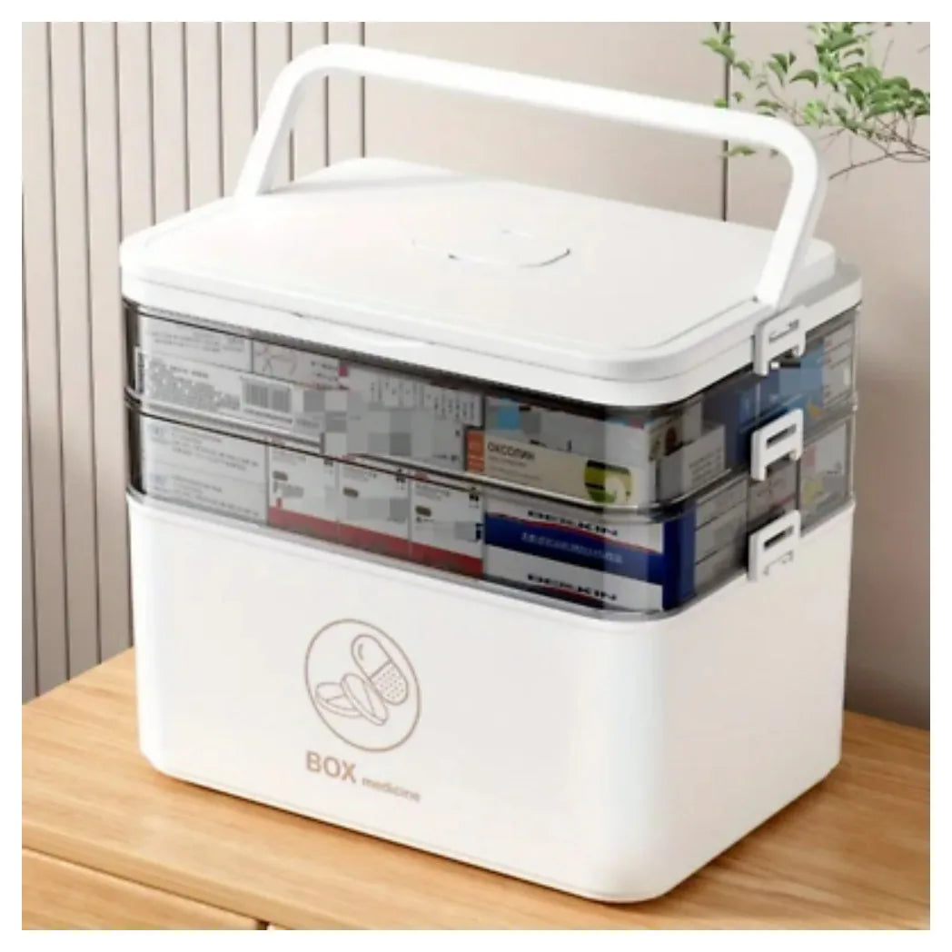 3-Tier Medicine Storage Box – Large Capacity Dustproof Organiser with Compartments, Clear and White