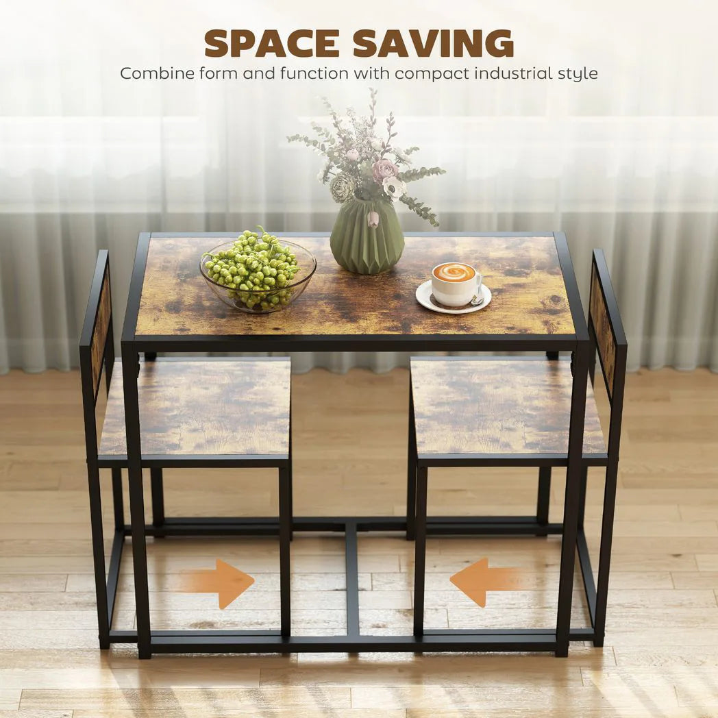 HOMCOM 3-Piece Table and Stool Set with Steel Frame – Space-Saving Dining Set for 2, Rustic Brown