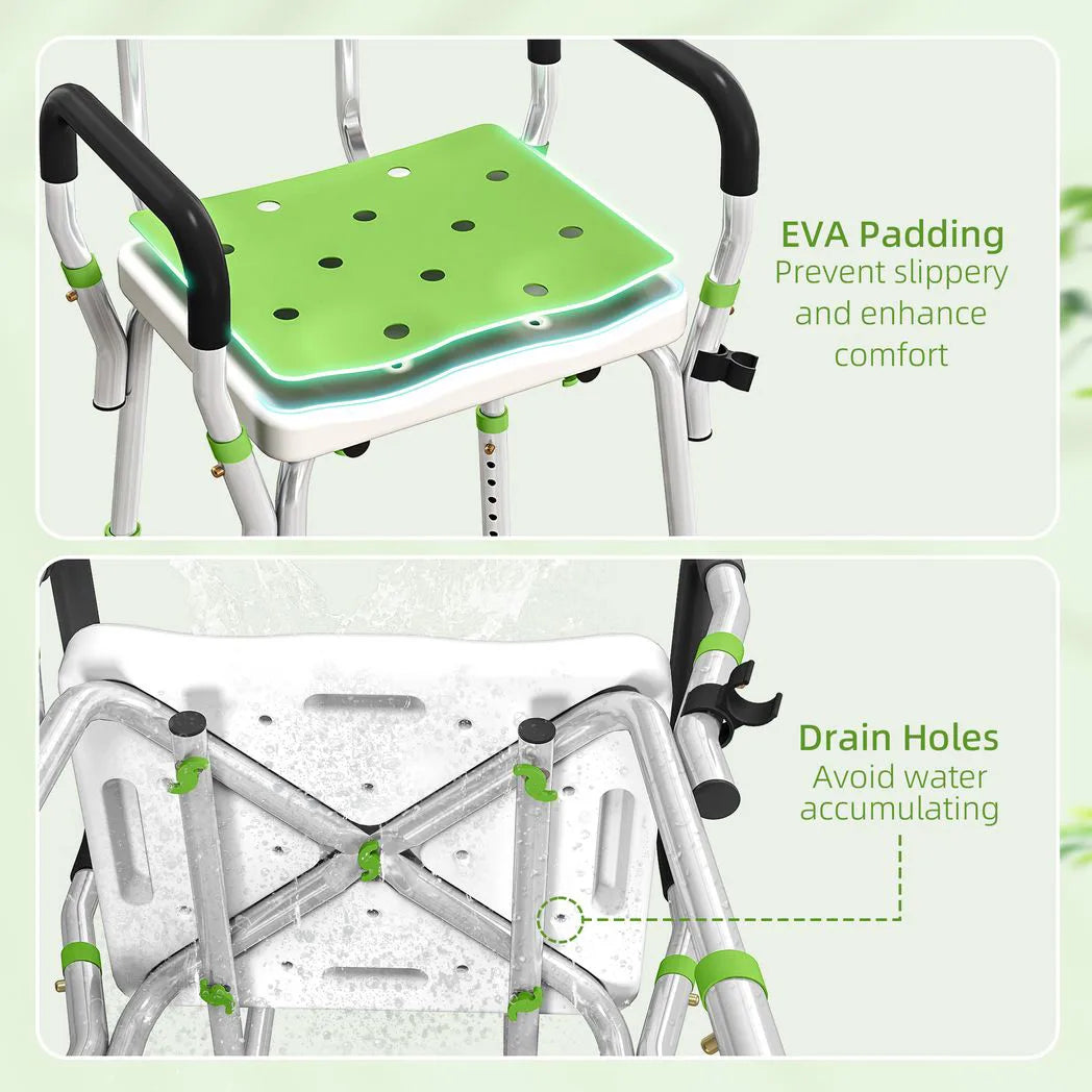 HOMCOM Height Adjustable Shower Chair with Back, Arms & Padded Seat – Bath Aid for Elderly and Disabled, Green