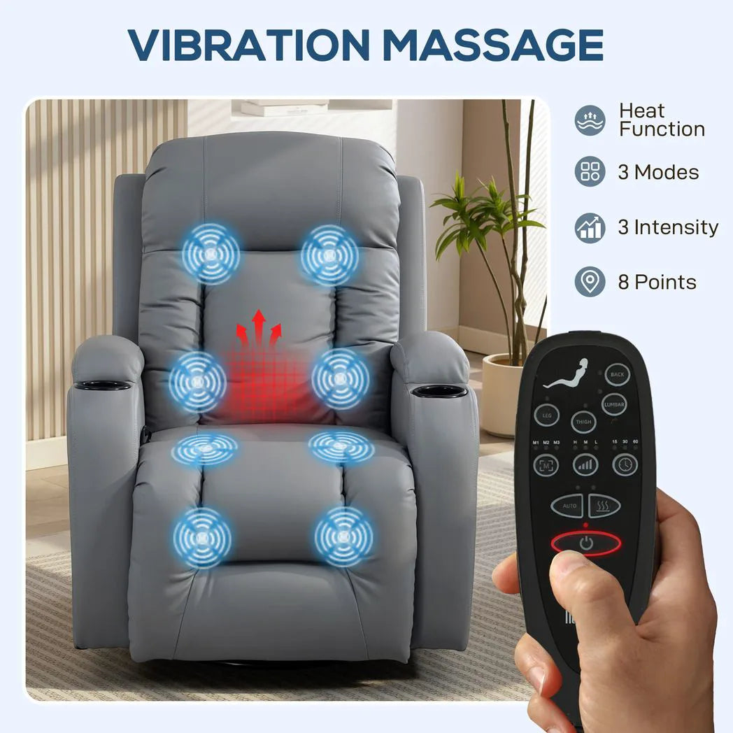 HOMCOM Massage Recliner Armchair with 8-Point Vibration, Lumbar Heat & Swivel Rocking Seat – PU Leather Recliner Chair, Grey