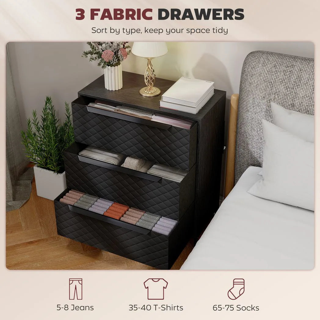HOMCOM Chest of Drawers with 3 Fabric Drawers and Aluminium Handles – Bedroom Storage Dresser, Black