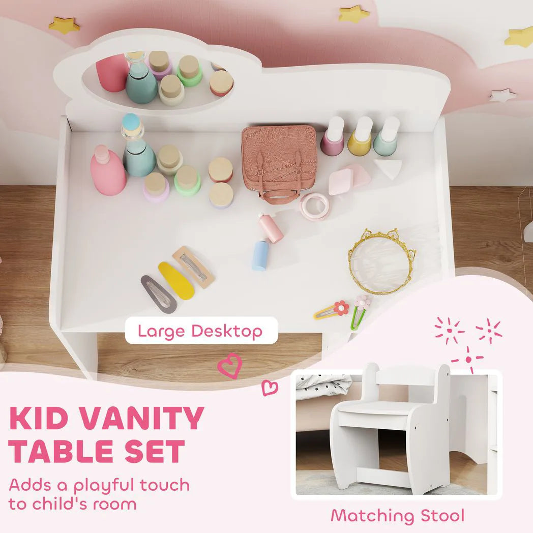 AIYAPLAY Kids Dressing Table with Mirror and Stool – 2-in-1 Vanity Table with Shelves for Ages 3-8, White