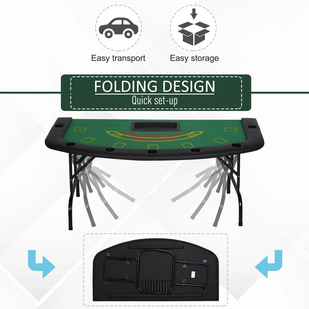 HOMCOM 7-Player Folding Poker Table with Chip Tray, Cup Holders & Padded Rails – Blackjack Card Table, Green