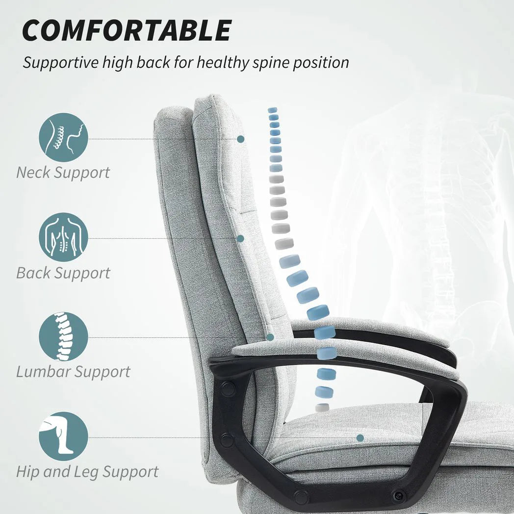 HOMCOM Linen-Look Double-Padded Office Chair with Adjustable Height and Tilt – Five Quiet Wheels, Grey