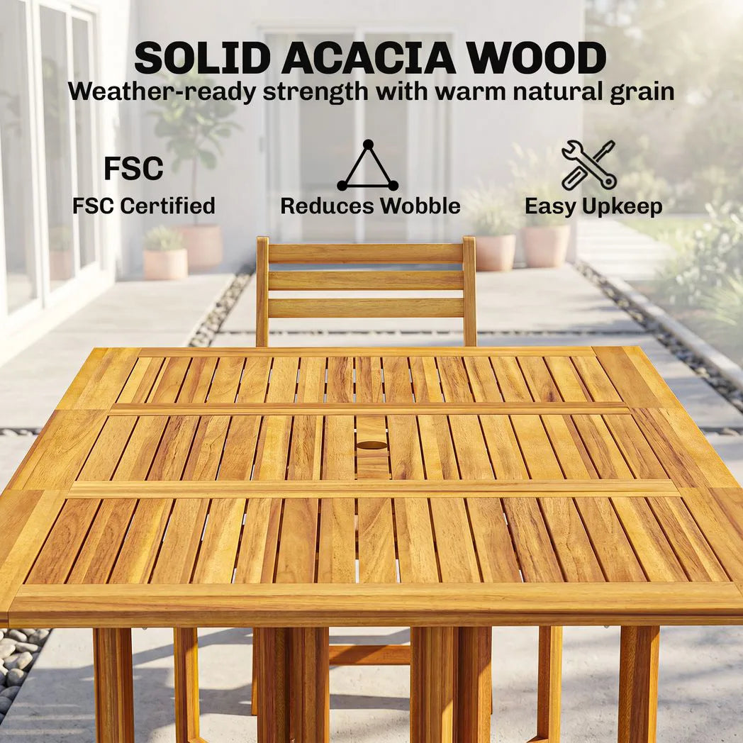 Outsunny 7-Piece Garden Dining Set, Extending Table & 6 Folding Chairs – Acacia Wood, Umbrella Hole