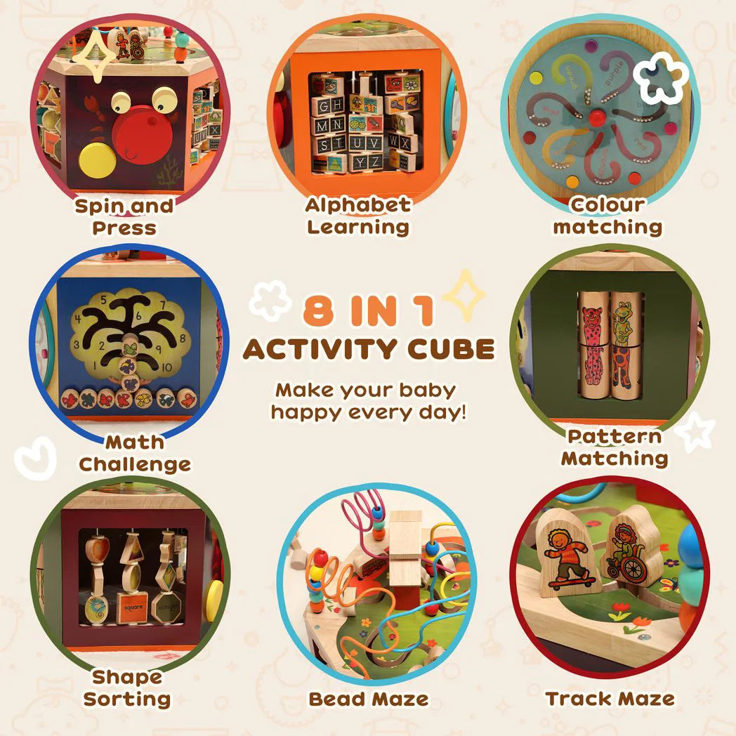 AIYAPLAY 8 in 1 Wooden Activity Cube with Bead Maze, Shape Sorter & Number Games – Montessori Toy, 18 Months+