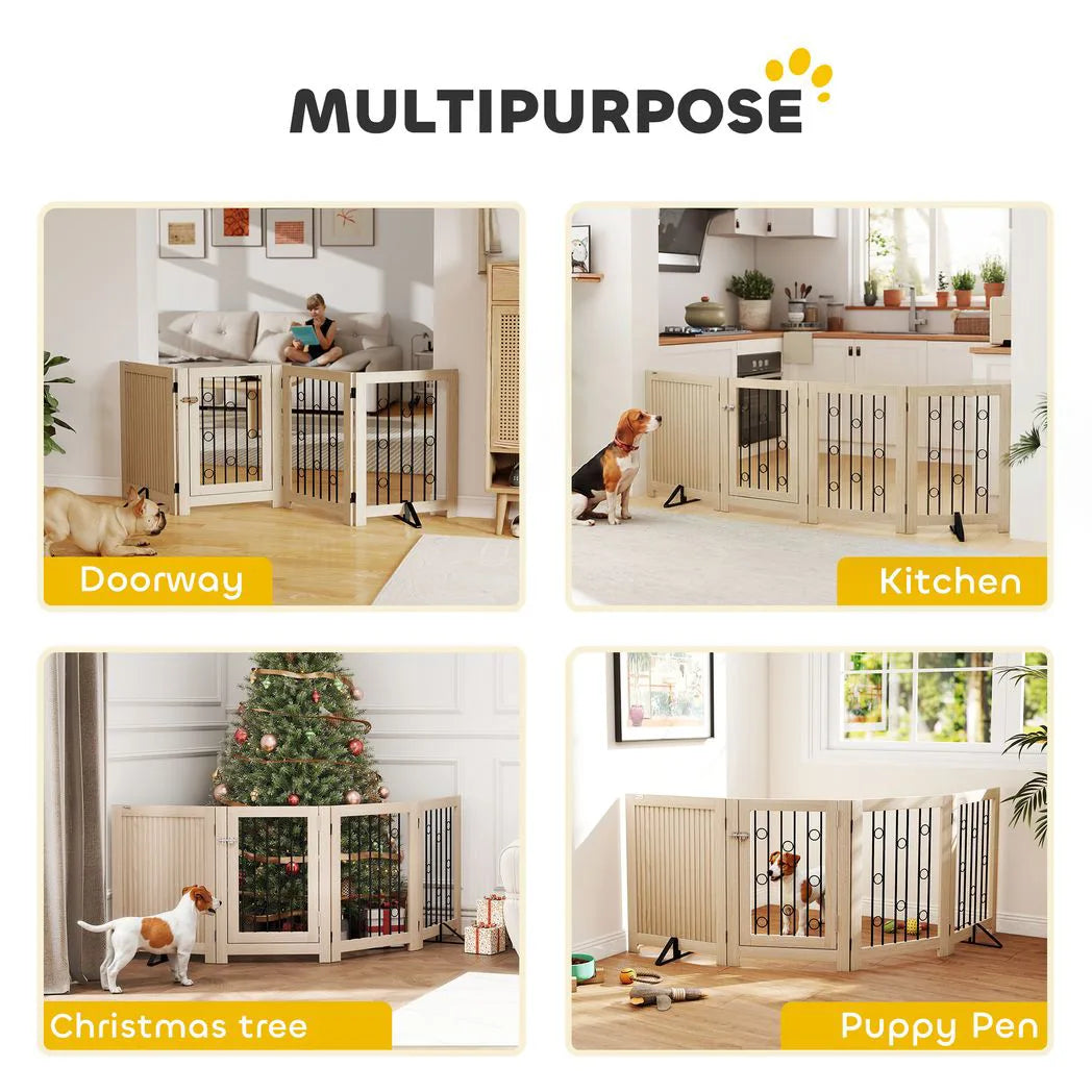 PawHut 4 Panel Freestanding Dog Gate with Lockable Door and Support Feet – Foldable Indoor Barrier, Oak