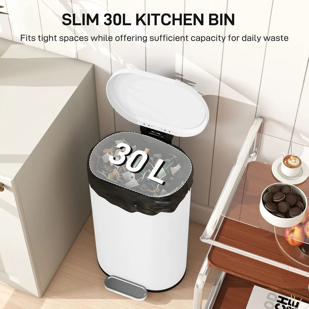HOMCOM 30L Modern Curved Pedal Kitchen Bin with Soft-Close Lid and Removable Bucket, White