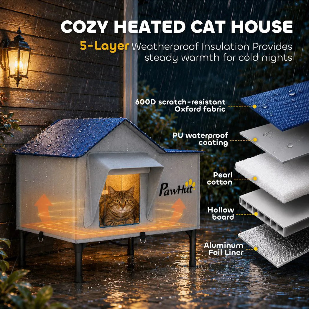 PawHut Heated Weatherproof Outdoor Cat House with Heating Pad & Escape Door – Winter Shelter for Stray Cats
