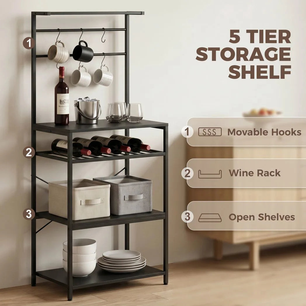 HOMCOM Freestanding Industrial Shelving Unit with 6 Hooks and Wine Rack – Living Room, Home Office Storage, Black