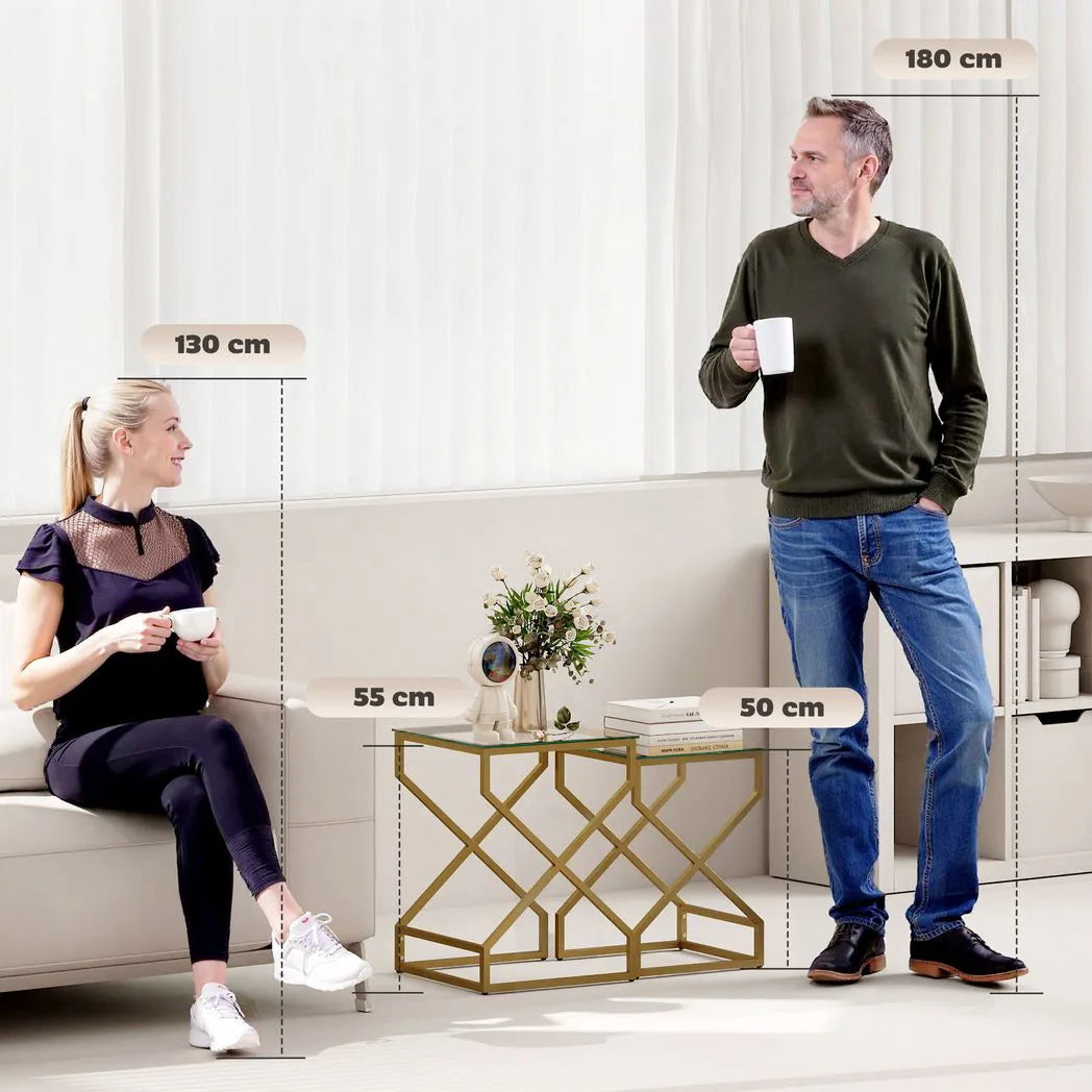 HOMCOM Nest of 2 Tables with Tempered Glass Tops and Golden Legs – Side and Coffee Table Set, Transparent