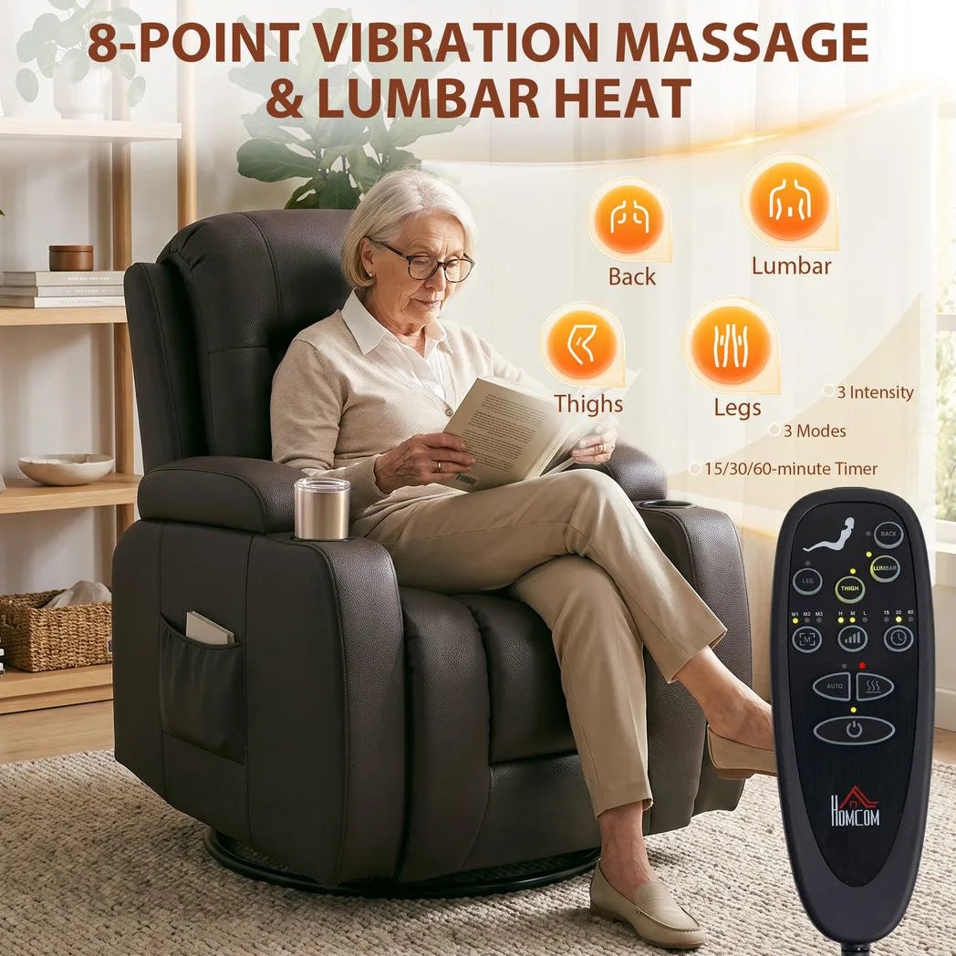 HOMCOM PU Leather Massage Recliner Chair with Heat, Extended Footrest, Cup Holders & Side Pockets – Dark Brown