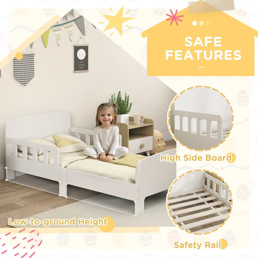 AIYAPLAY Toddler Bed Frame with Safety Side Rails – White Kids Bed for Ages 3-8 Years