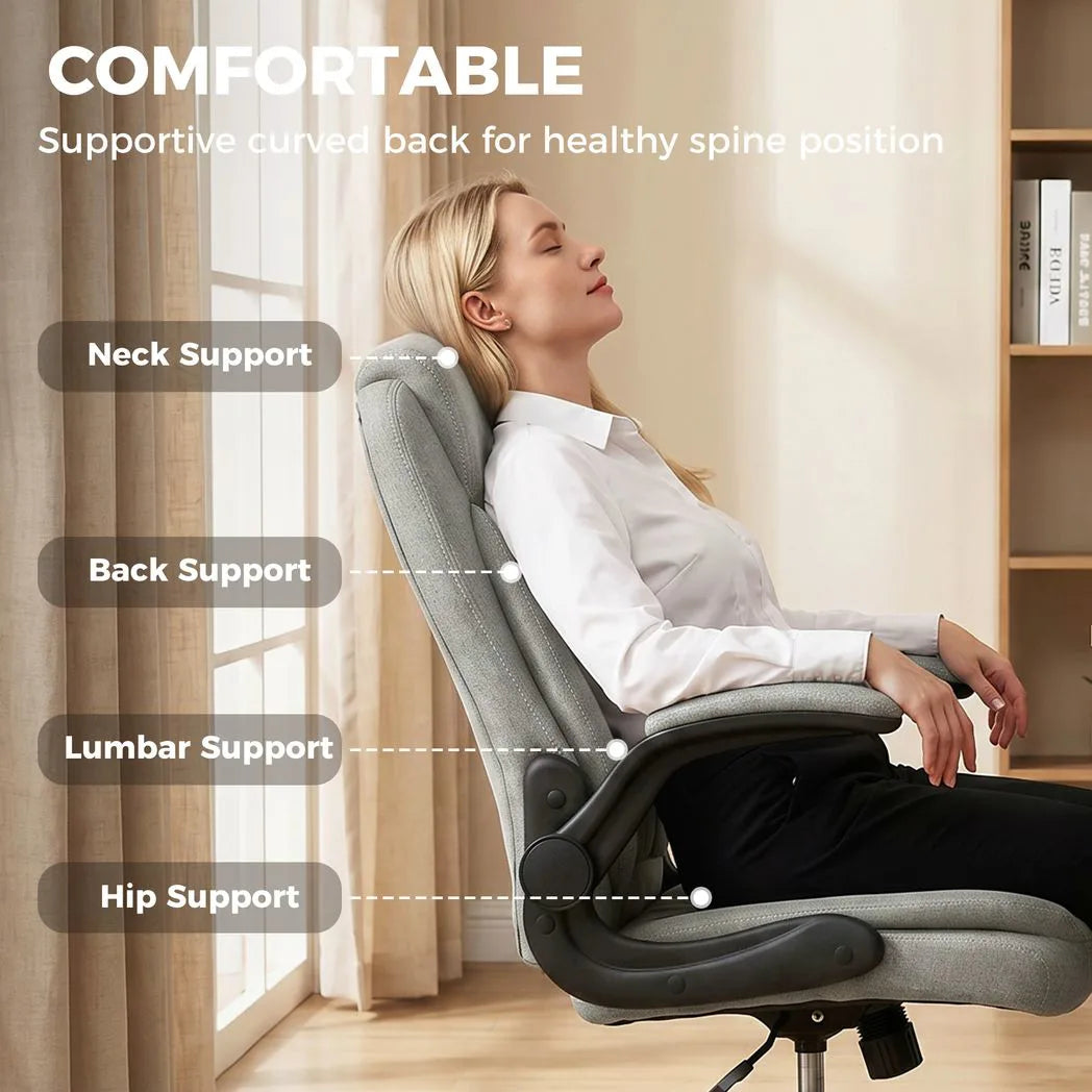 HOMCOM Linen-Look Executive Office Chair with Flip-Up Armrests & Thick Cushion – Computer Desk Chair, Grey